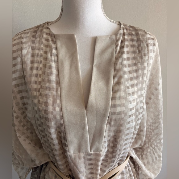 Halston Heritage Cream-Ivory Sheer Checked Tunic with Belt - Picture 6 of 12